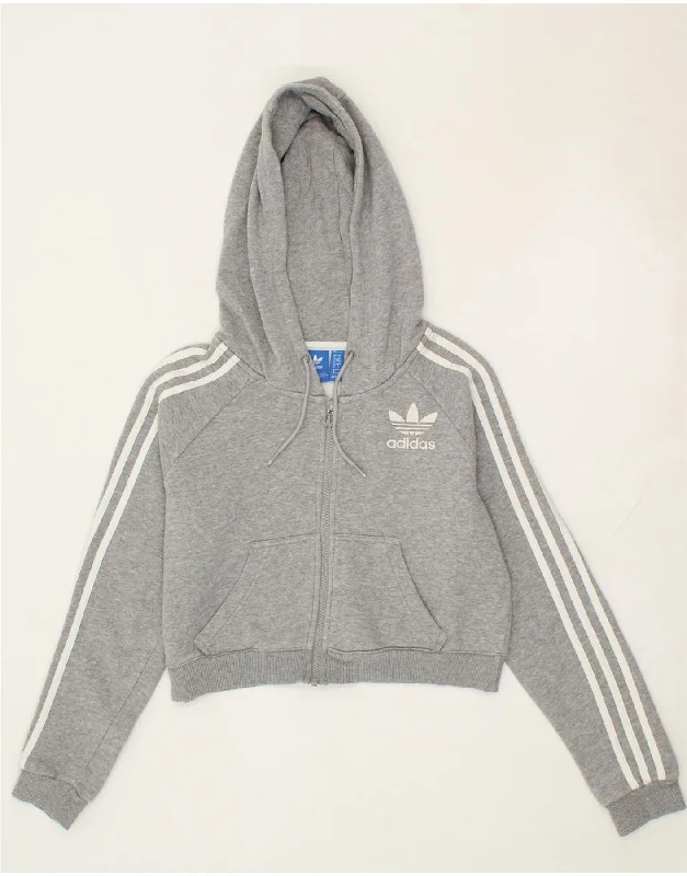 ADIDAS Womens Crop Zip Hoodie Sweater UK 10 Small Grey Cotton Neon Metallic Matte