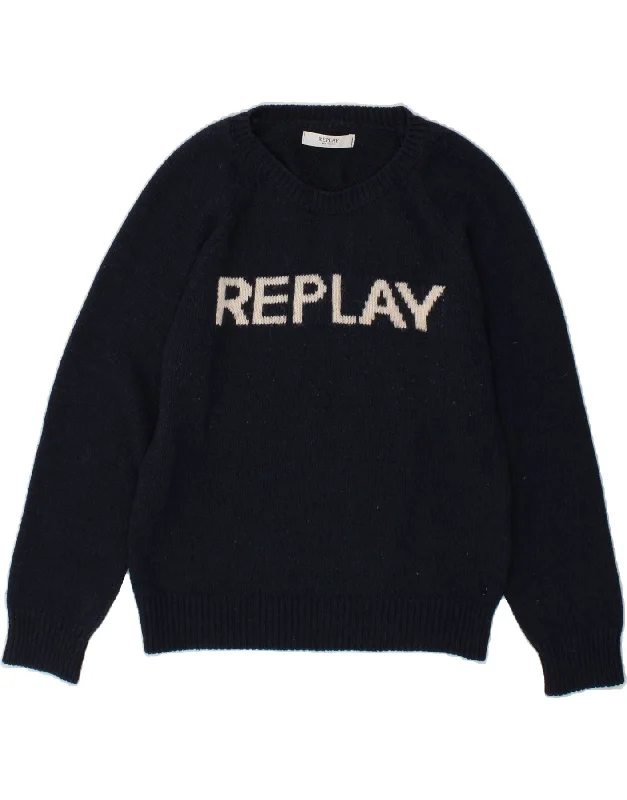 REPLAY Womens Graphic Boat Neck Jumper Sweater UK 16 Large Navy Blue Machine Wash Dry Clean Hand Wash