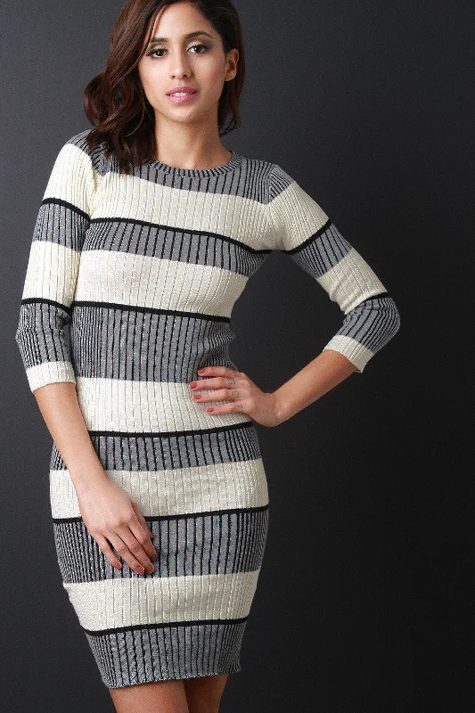 Ribbed Knit Striped Long Sleeve Sweater Dress Polka Dot Checkered Tartan