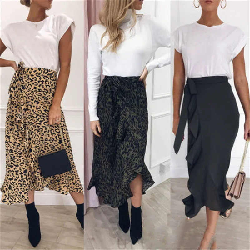 Women High Waisted Leopard Print Aysmmetric Maxi Skirt corduroy skirt cozy