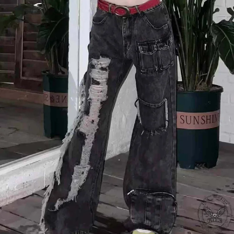 Vintage High Waist Pockets Ripped Straight Pants Fashionable Work Pants