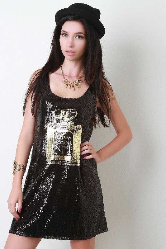 Perfume Graphic Sleeveless Sequined Dress Tunics Formal black