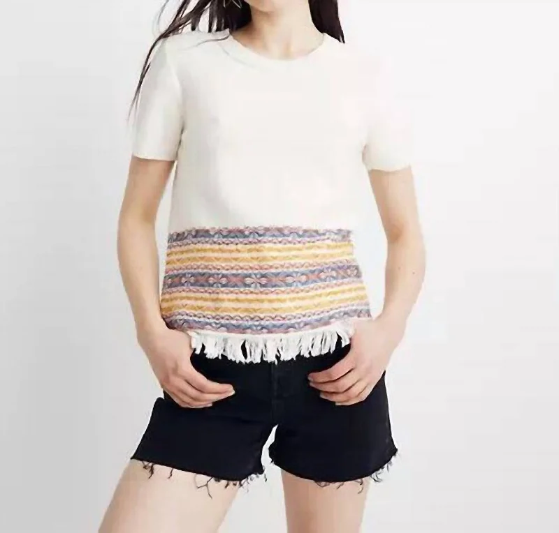 Fringed Short Sleeve Sweater In Beige Seamless Knitted Crochet