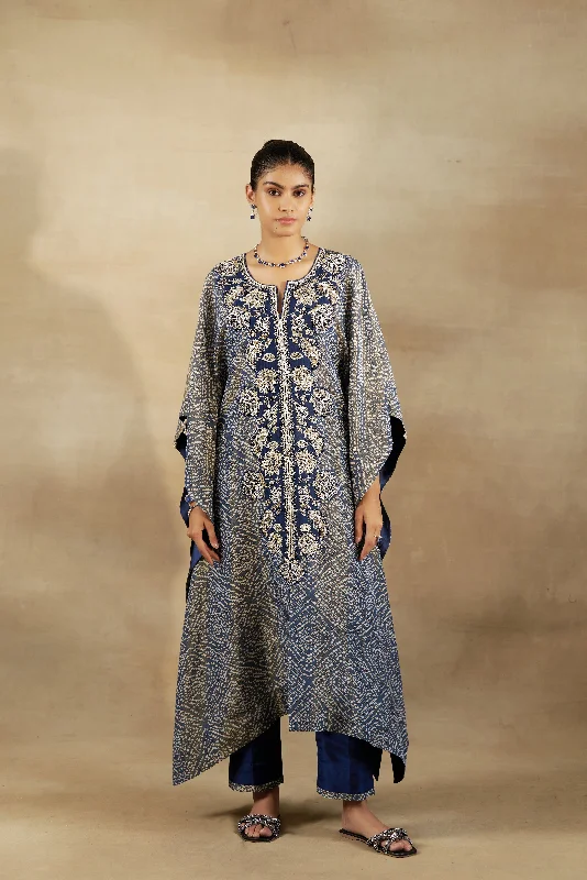 Blue Embroidered Kaftan With Silk Pants Comfy Athletic Pants