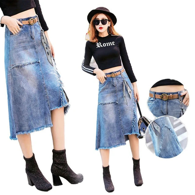 Asymmetrical Denim Midi Skirt satin skirt smooth