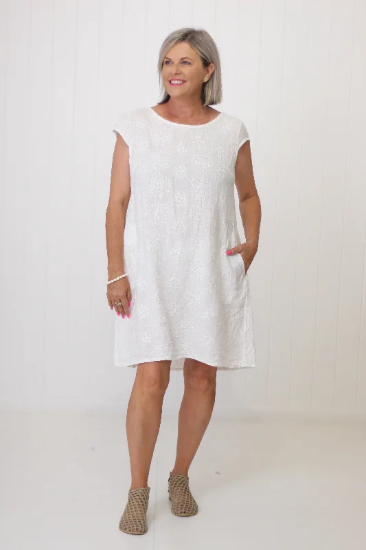 Embroided Linen Dress Off-the-shoulder Chic Trendy