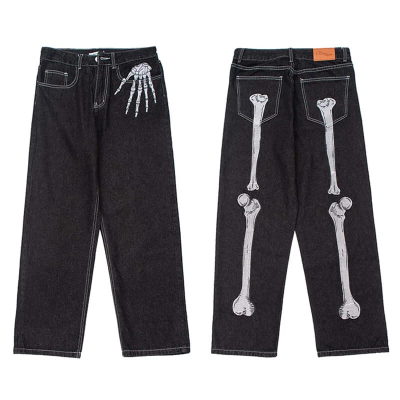 Punk Skull Hand Bones Cotton Straight Leg Pants Fashionable Sporty Pants