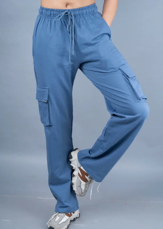 Women Premium Terry Cargo Pants - Teal Blue Trendy Printed Pants