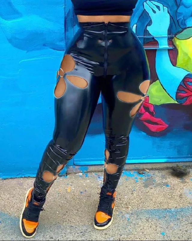 PU Leather Cutout Design Skinny Pants Stylish Harem Pants