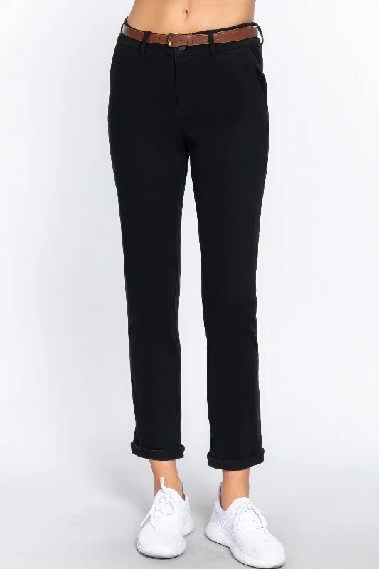 Cotton-span Twill Belted Long Pants Fashionable Sporty Pants