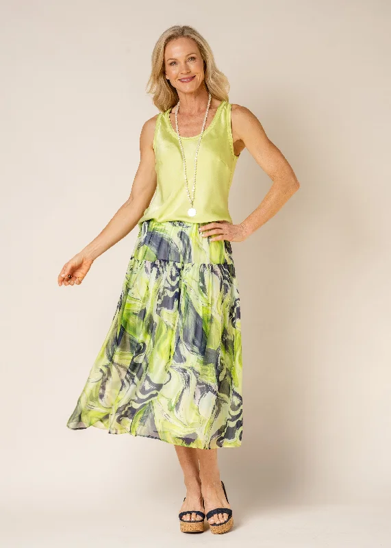 Dundi Silk Skirt in Lime Splice denim skirt classic