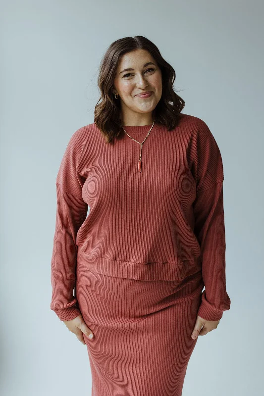 RIBBED CROPPED SWEATER IN SMOKEY ROSEWOOD Boat Neck Shawl Collar Notched Collar