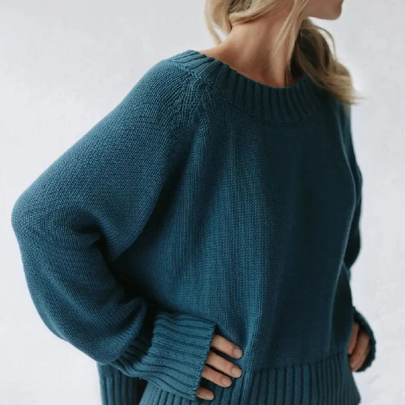 Recycled cotton boatneck sweater in blue by Seaside Tones Glossy Satin Silk