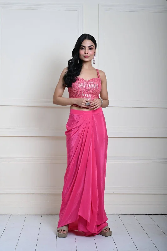 Bright Pink Draped Skirt Set with Gold Striped Sequin Corset Top chiffon skirt floaty
