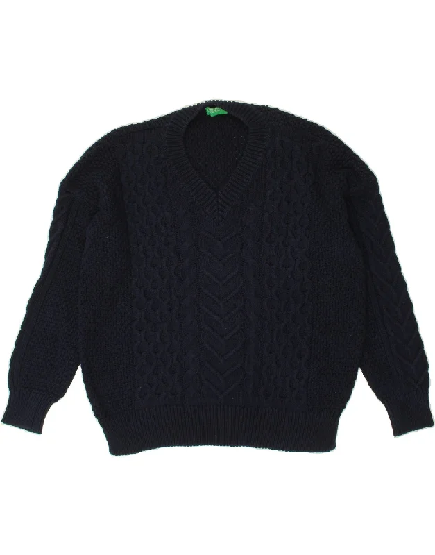 BENETTON Womens V-Neck Jumper Sweater UK 14 Medium Navy Blue Cotton Houndstooth Herringbone Solid