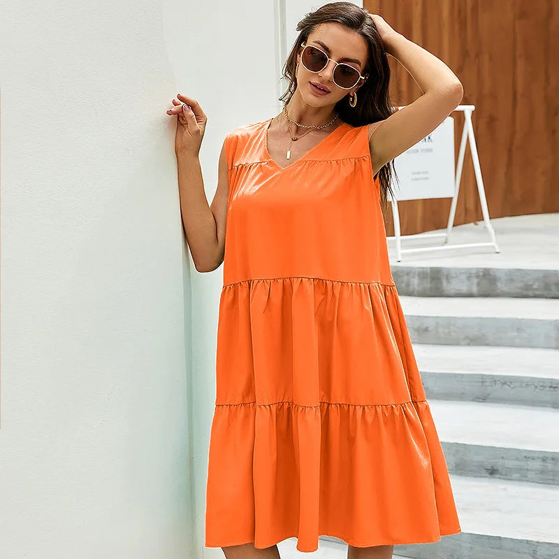 Wjczt Orange bright dress spring and summer new all-matching small skirt fresh mini skirt beach holiday beach dress Tunics Stylish modern