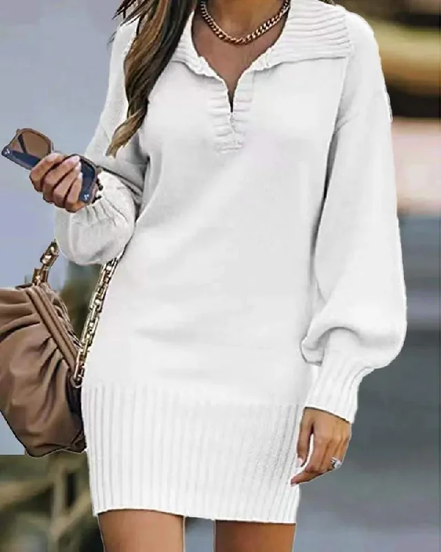 LANTERN SLEEVE KNIT SWEATER DRESS Cotton Fabric Linen Fabric Terry Fabric