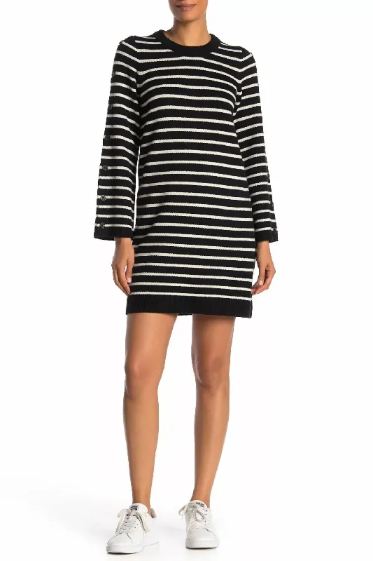 Button Sleeve Striped Wool Sweater Dress In Black/white Nylon Fabric Polyester Fabric Spandex Fabric