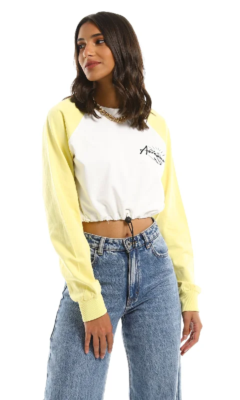 97330 Bi-Tone Stitched Cropped Sweatshirt - Yellow & Off-White Hoodie with Bell Sleeves Flared Feminine