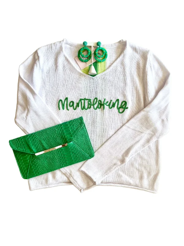 White with Green/Chartreuse Stripe Mantoloking Sweater Cable Knit Ribbed Knit Lace Knit White with Green/Chartreuse Stripe Mantoloking Sweater Cable Knit Ribbed Knit Lace Knit
