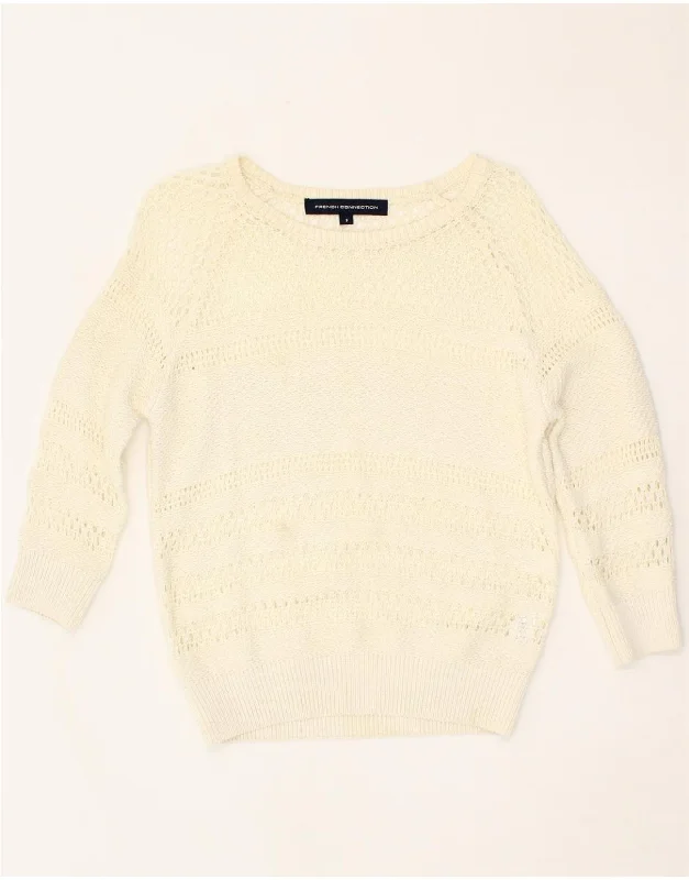 FRENCH CONNECTION Womens Boat Neck Jumper Sweater UK 10 Small Off White Handmade Hand-knitted Hand-woven