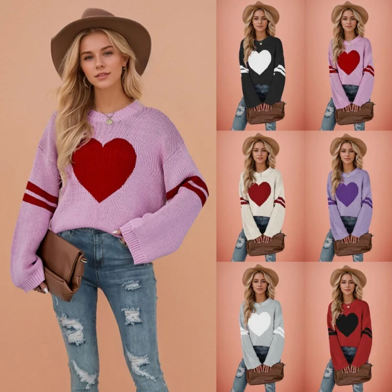 Wholesale Valentine's Day Contrast Color Heart Peach Round Neck Knit Sweater Seamless Knitted Crochet Wholesale Valentine's Day Contrast Color Heart Peach Round Neck Knit Sweater Seamless Knitted Crochet