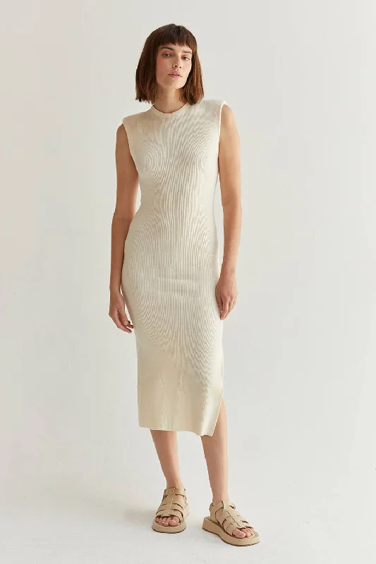 Iris Power Shoulder Ribbed Sweater Dress Chenille Brocade Lace