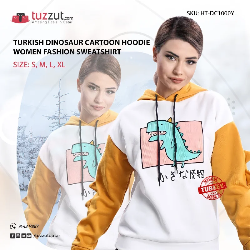 Turkish Dinosaur Cartoon Hoodie Women Fashion Sweatshirt - Yellow Hoodie with Strings Custom Fit Adjustable