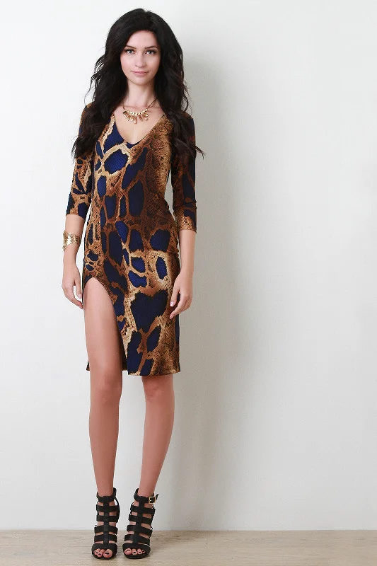 Snake Print Deep V-Neck Side Slit Dress Tunics Polka dots