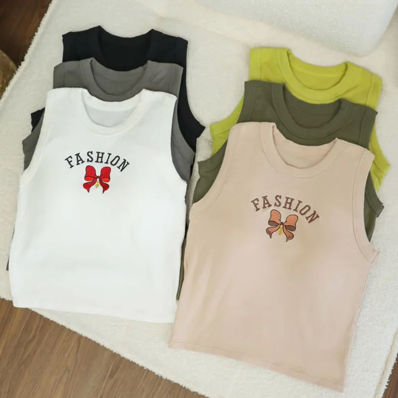 2 Pieces Women'S Casual Comfortable Wide Shoulder Embroidered Bow Tank Top With Chest Pad layering tank top