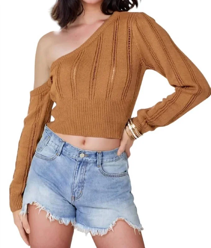 Kendra Pointelle Knit One-Shoulder Sweater Top In Toffee Neon Metallic Matte