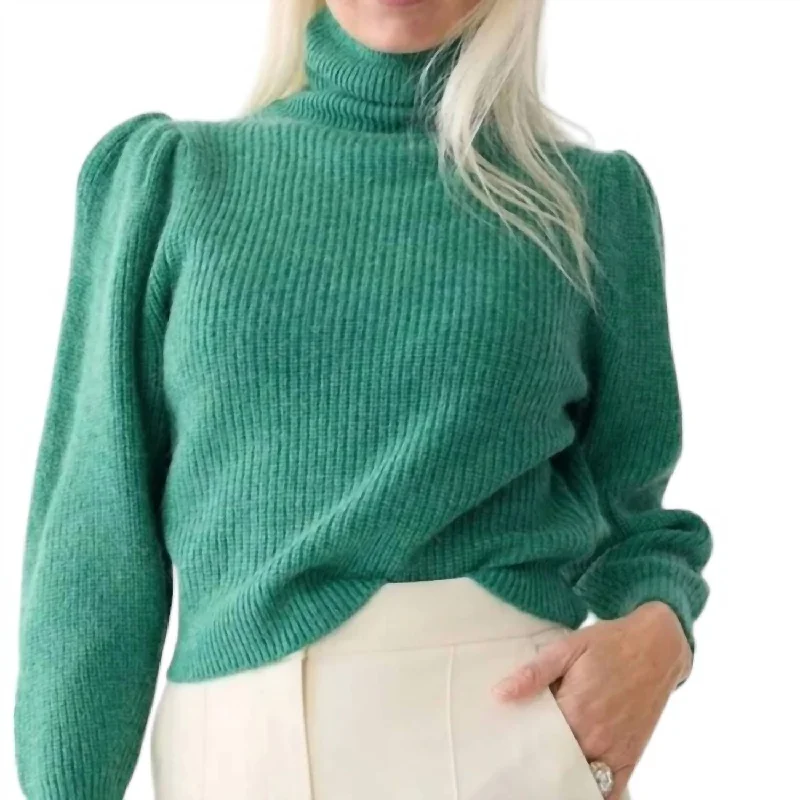 Women's Cropped Puff Sleeve Sweater In Green Seamless Knitted Crochet