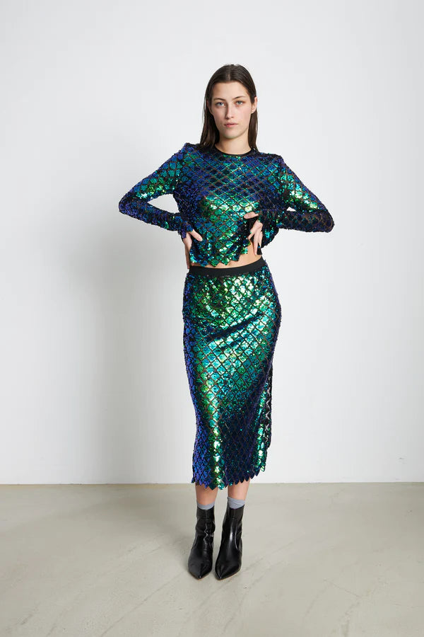 STELLA NOVA DOLORES SEQUINS SKIRT - AQUA BLUE pleated skirt texture