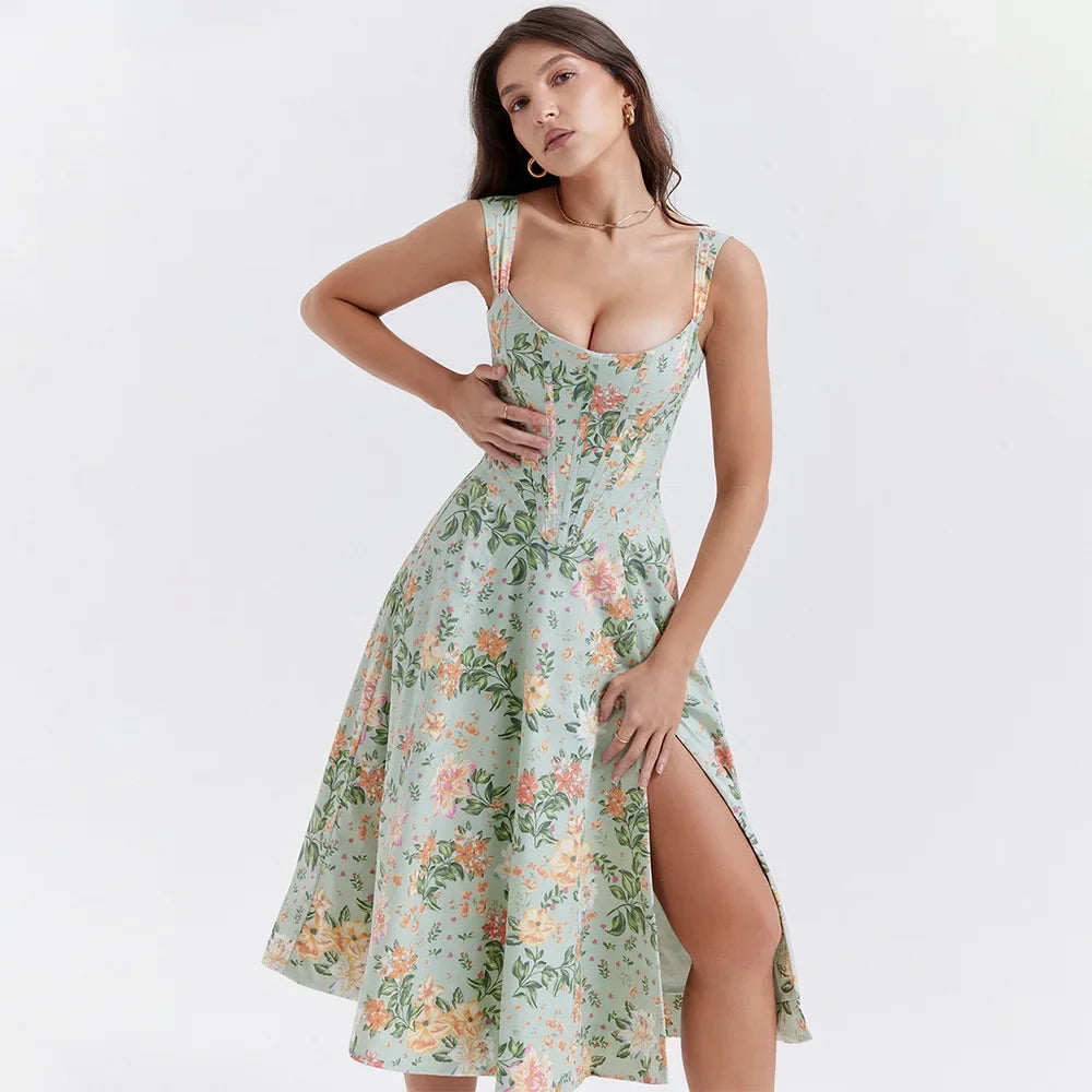 Wjczt Suninheart Summer Dress Women 2024 Green Lace Up Floral Print Dress Elegant with Boning Casual Party Holiday Dress High Quality empire Waist empire