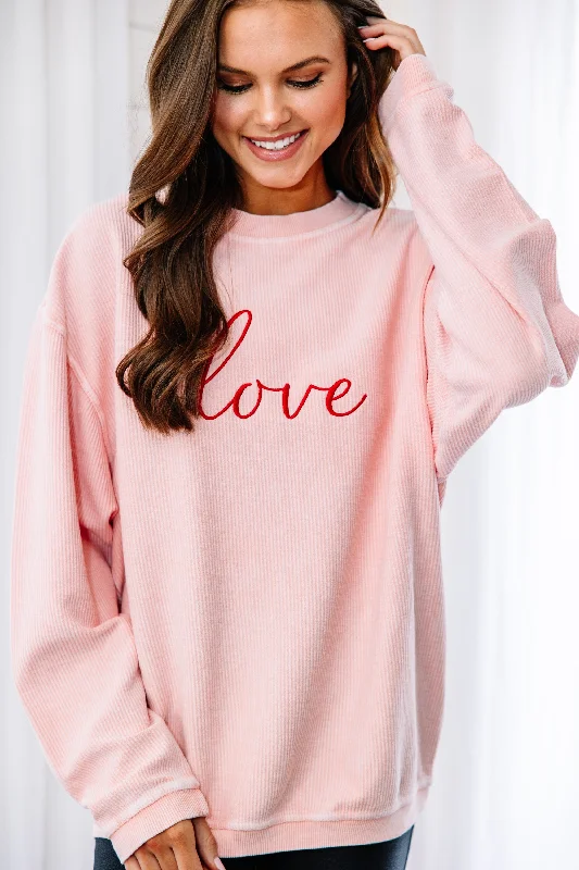 Simple Love Blush Pink Embroidered Corded Sweatshirt Hoodie with Drop Shoulder Relaxed Streetwear