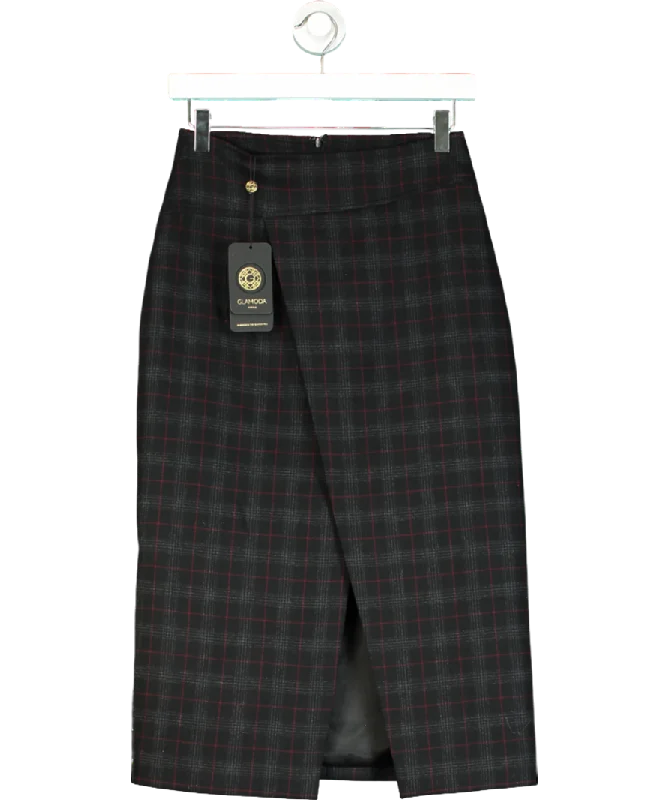 Glamoda Black Split Check Midi Skirts UK S linen skirt breathable