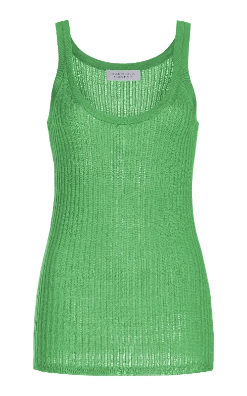 Nevin Pointelle Knit Tank Top in Peridot Green Cashmere Silk vibrant tank top