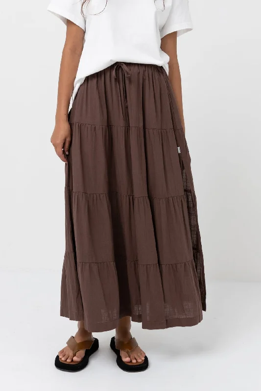 Rhythm Classic Tiered Maxi Skirt - CHOCOLATE chiffon skirt airy