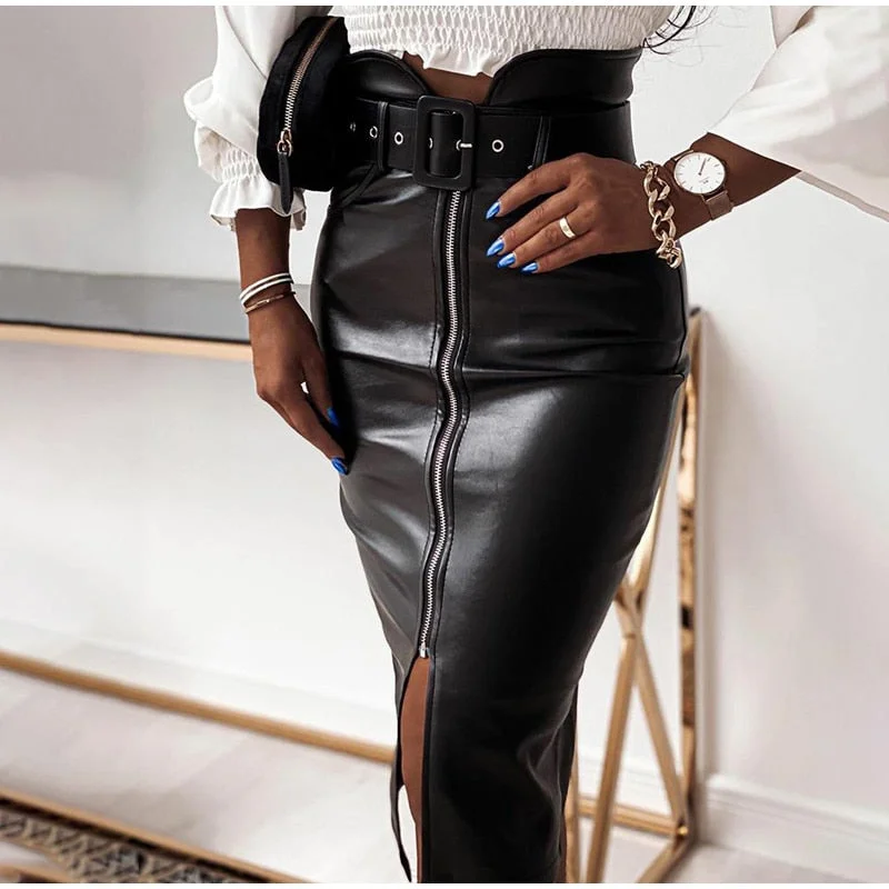 Autumn Winter PU Leather Women's Skirts Black Split High Waist Hip Package Skirt Female New Slim A-line Sexy Ladies Bottoms lace skirt feminine