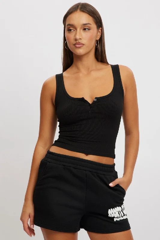 Black Rib Tank Button Front solid color tank