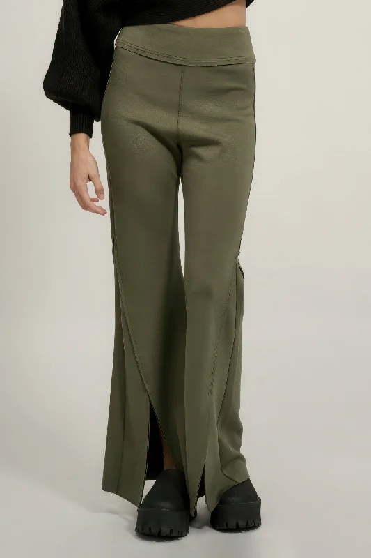 Solid Raw Edge Expose Seam Flare Pants Chic Faux Leather Pants