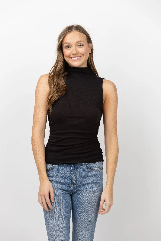 Lilla P Shirred Mock Tank in Black cotton tank top