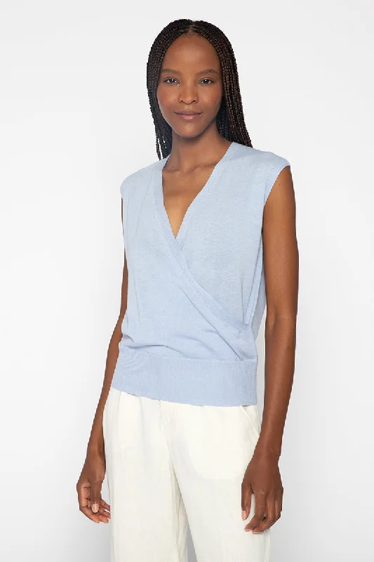 Periwinkle Sleveless Surplice Sweater Top Solid Print Embellished