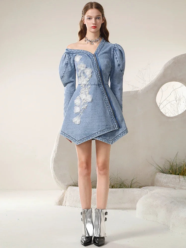 Wjczt Spring 2024 New Irregular Sexy Cold-Shoulder Mesh Flower Famale Dress New Chinese Style Denim A-LINE Women Dresses Tunics Modern contemporary