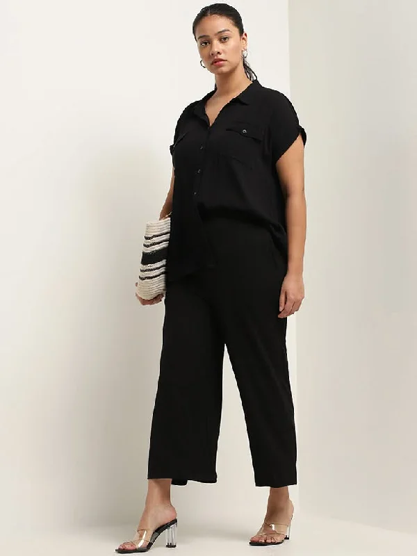 Gia Black Ribbed Mid Rise Flared Pants Fashionable Track Pants