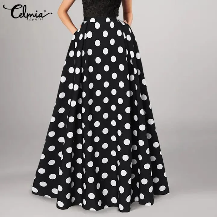 Celmia Fashion Ladies Spot Maxi Skirt High Waist S3678019 velvet skirt glossy