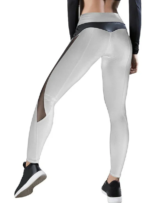 Mesh Patchwork PU Leather Long Pants High-Waist Yoga Pants