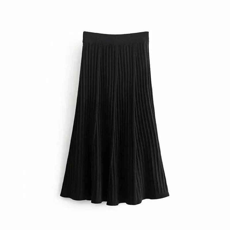 Vintage Simple Style Knitting Long A-line High Waist Skirt leather skirt refined