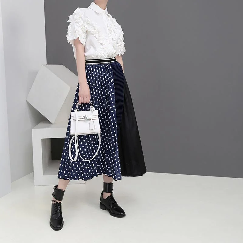 Waist Black Hit Color Dot Printed Pleated Loose Half-body Skirt silk skirt smooth