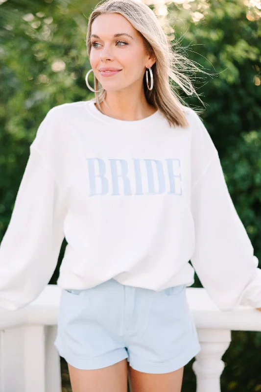 Bride White Light Blue Embroidered Corded Sweatshirt Hoodie with Slit Hem Functional Movement